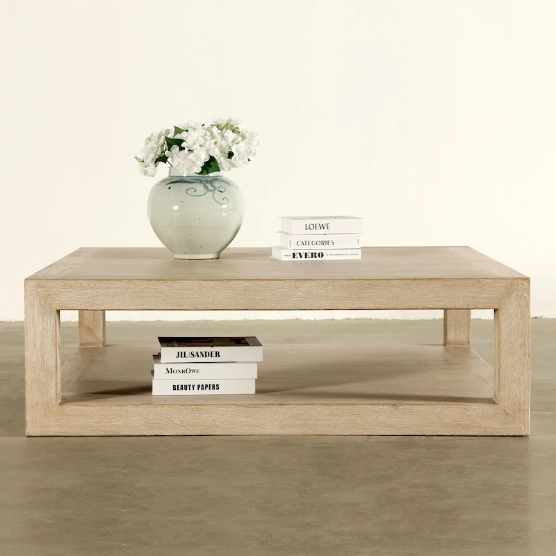 Artissance Versatile Peking Grand Framed Square Coffee Table With Weathered White Wash, 50 Inch Long