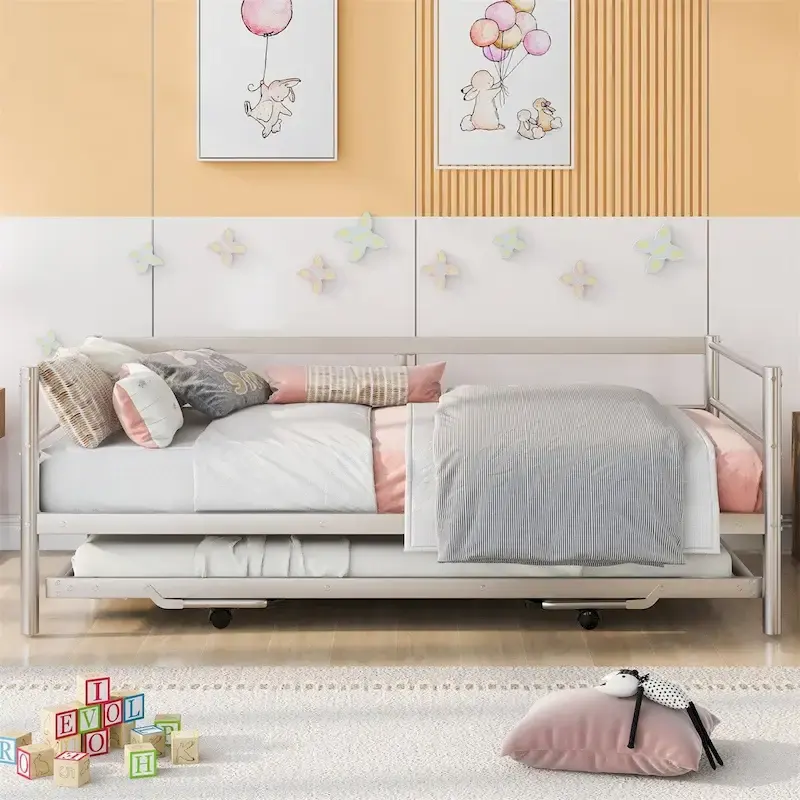 Merax Twin Size Metal Daybed with Adjustable Trundle, Pop Up Trundle