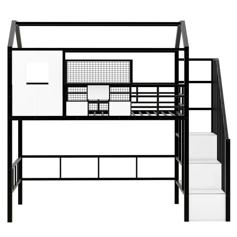Twin Size Metal Loft Bed with roof design and a storage box