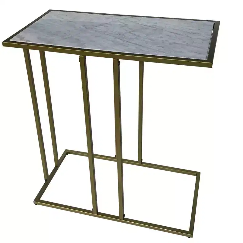 26 White and Antiqued Gold Marble and Iron Frame End Table