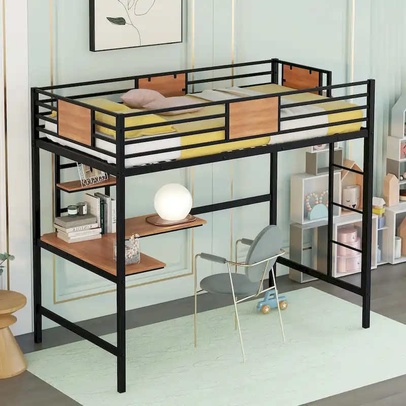 Metal Loft Bed with Desk & Shelves