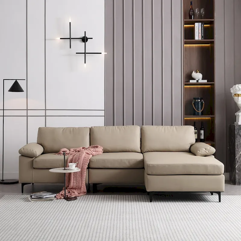 Reversible Chaise Sofa, Suede Fabric, Metal Legs, Spring Coils, Light Brown/Brown/Grey/Blue/Beige