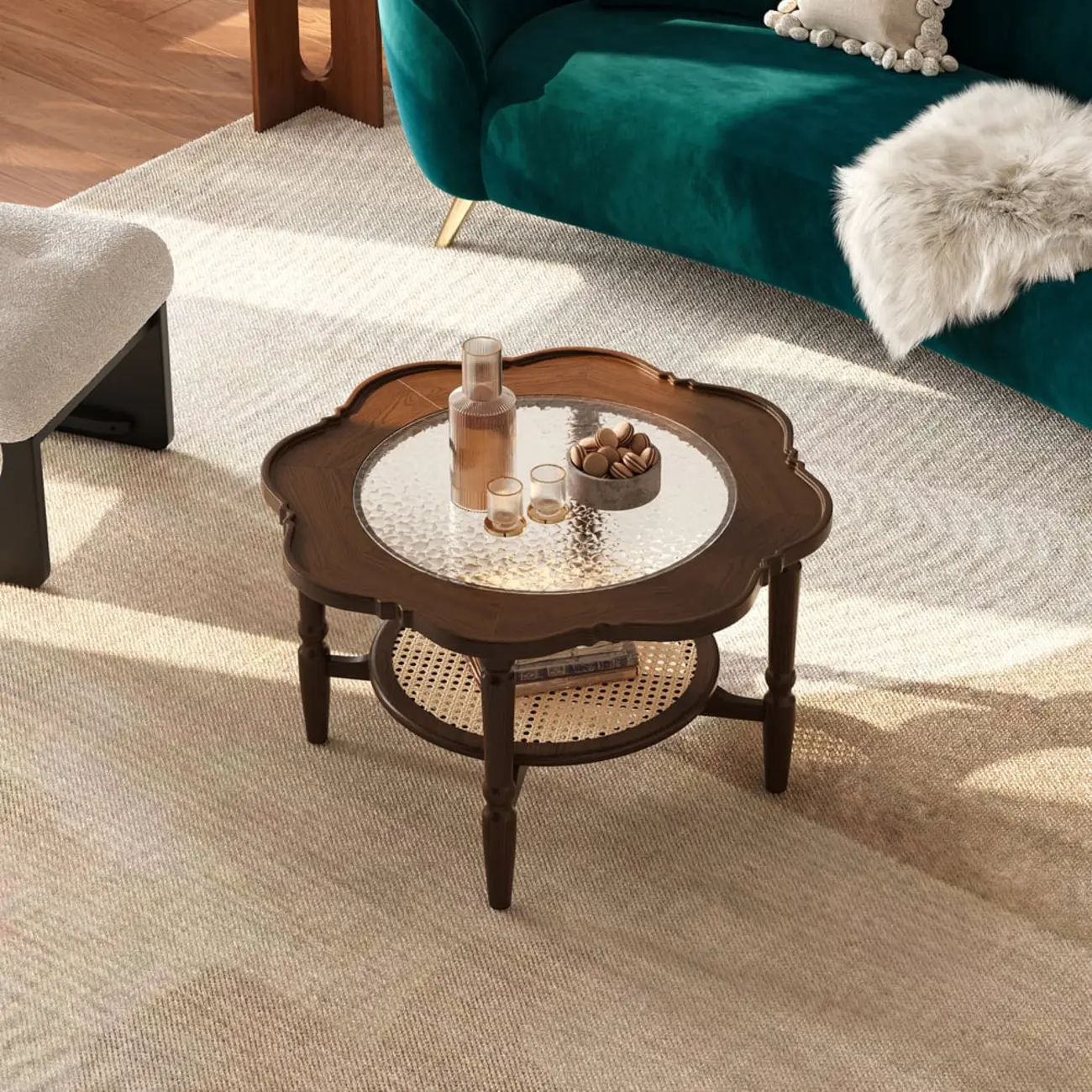 Classic 2-Layer Walnut Finish Wood Coffee Table in Glass Top