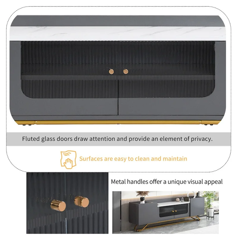 TV Stand with Fluted Glass Doors - Entertainment Center for TVs Up to 70 Inches