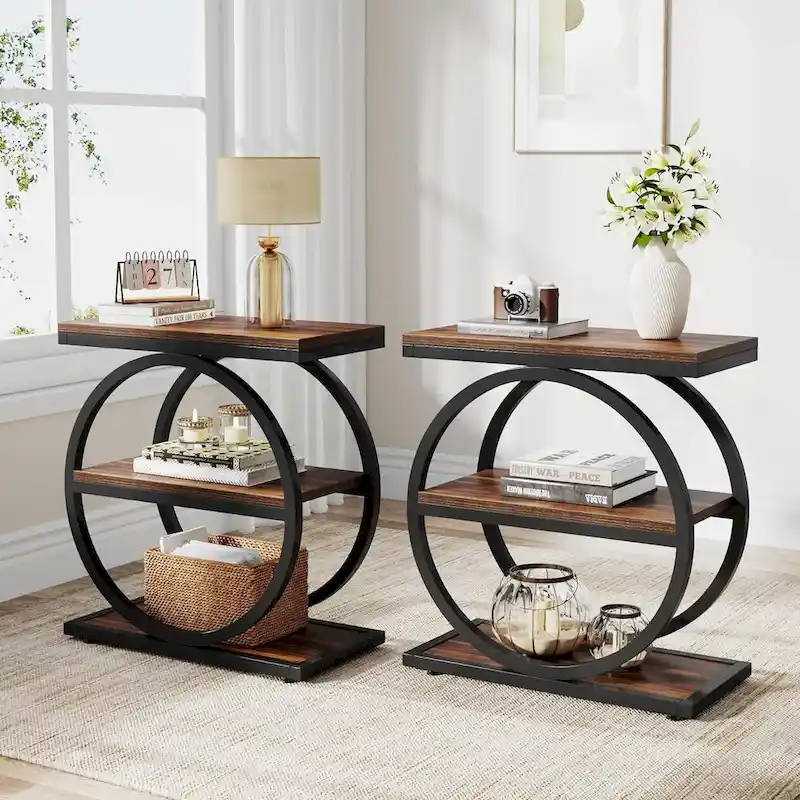 End Table with 3 Storage Shelves, Wood Narrow Side Table