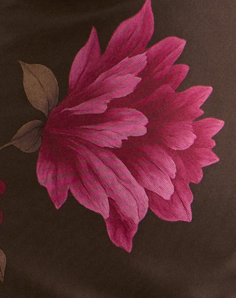 Silvra Halterneck Midi Dress in Brown with Pink Flower Print