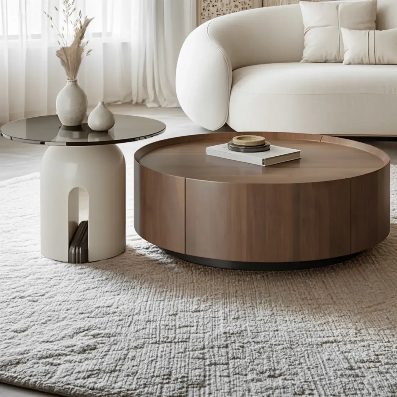 Brown Modern Stylish Round Wood Drawer Coffee Table