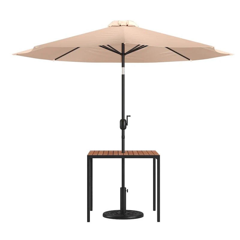 Black Steel Framed 35 Square Faux Teak Patio Table-Tan 9FT Patio Umbrella-Base