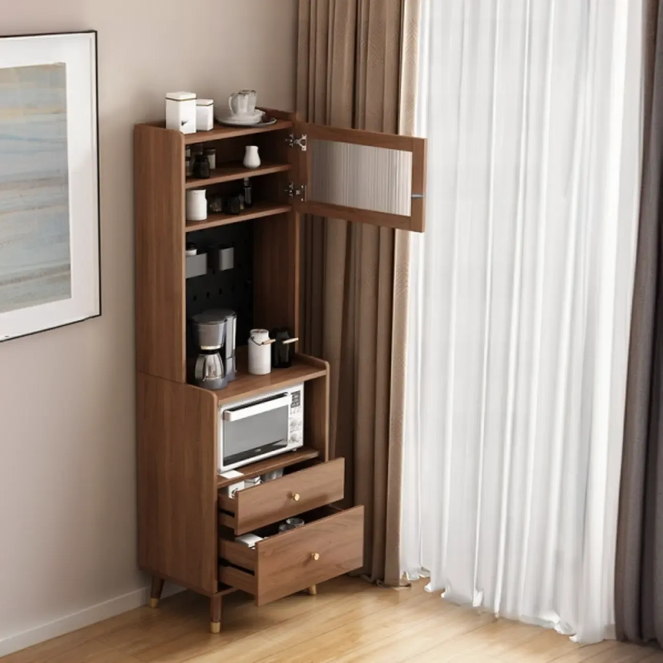 Compact Wooden Brown 2-Drawer Tall Sideboard with Hutch