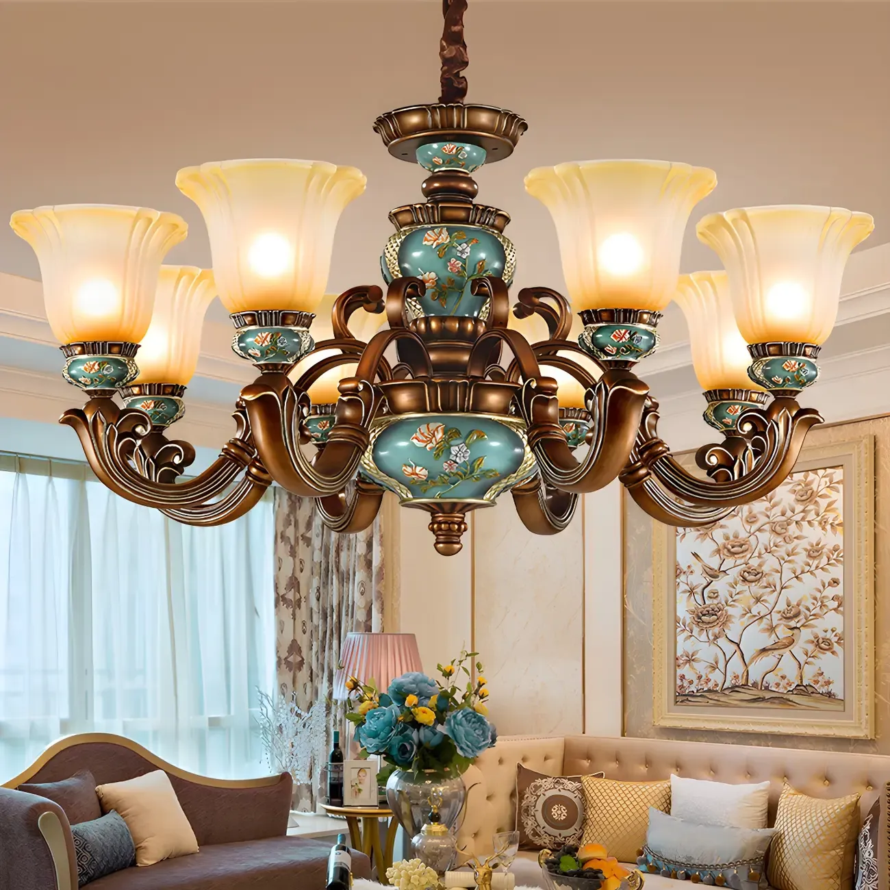 Classic Floral Copper Frosted Glass Ceramic Chandelier