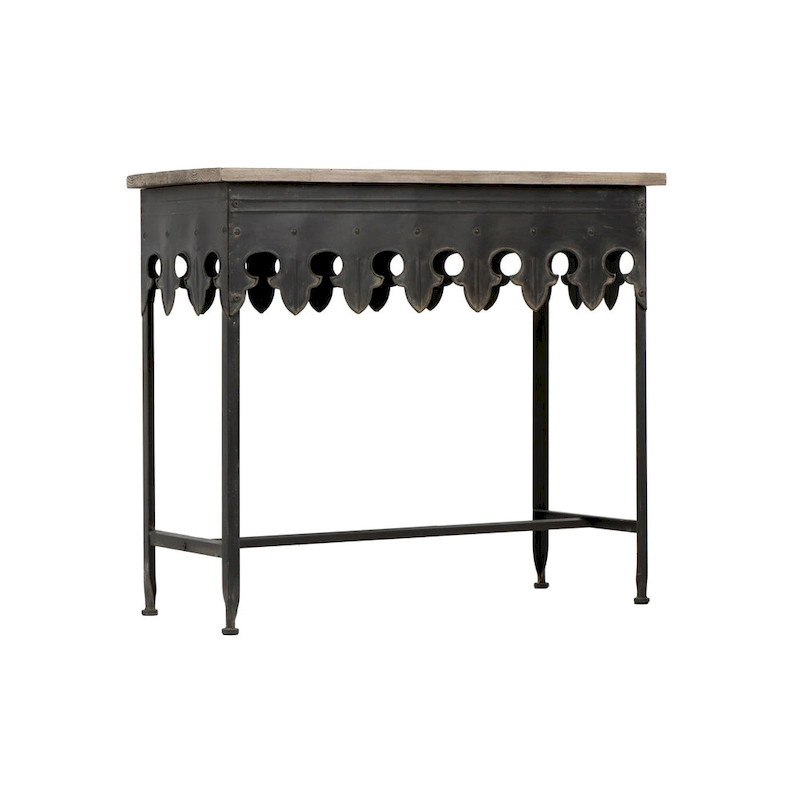 Zinc-Finished Metal and Wood Scalloped Edge Sofa Table