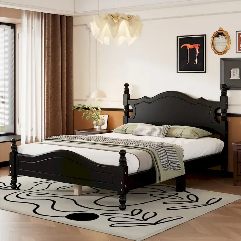 Full Size Black Wood Retro Design Platform Bed