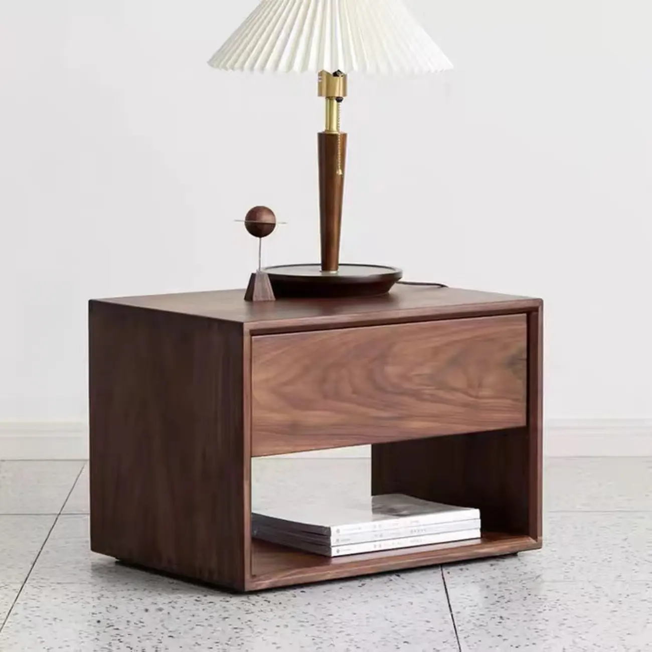 Mid-Century Modern Solid Wood Nightstand with Drawer