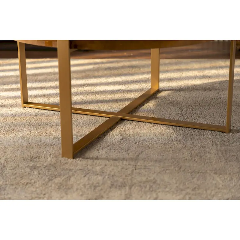 Natural Wood Round Coffee Table with Metal Cross Legs