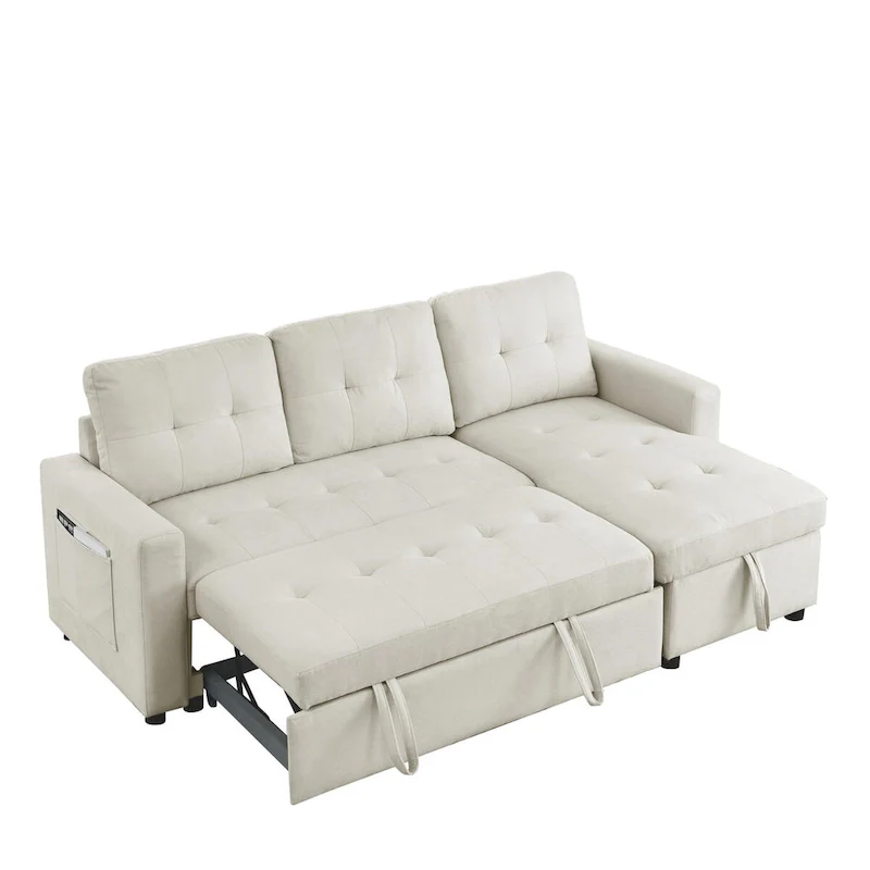 78.5-inch Beige Reversible Sleeper Sectional Sofa with Storage Chaise and Side Storage Bag - 78.5W x 49D x 31H