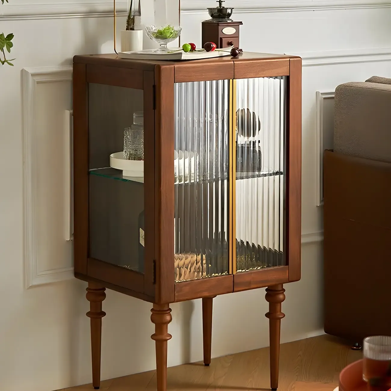 Mid-Century Modern Leggy Brown Wooden Glass Storage Cabinet