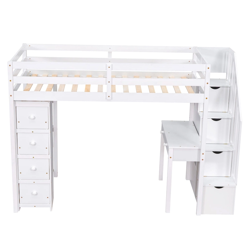 Twin size Loft Bed with Storage Drawers ,Desk and Stairs, Wooden Loft Bed with Shelves