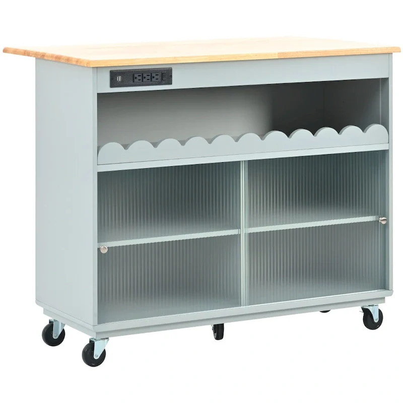 LED Light Kitchen Island on Wheels with Drop Leaf and Power Outlets