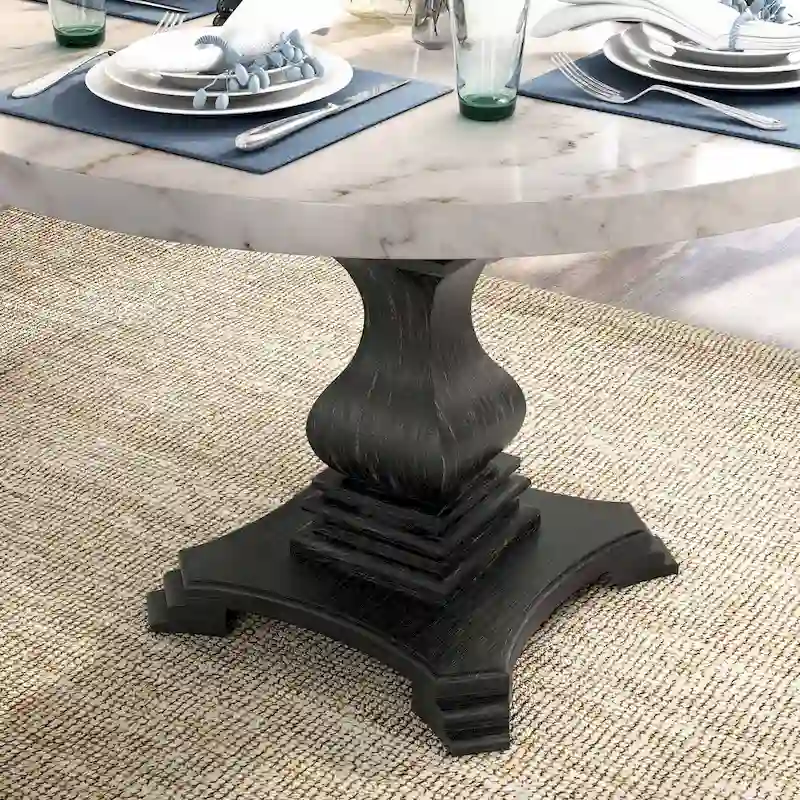 Brec Farmhouse Marble Top 5-Piece Round Dining Table Set with Tufted Chairs by