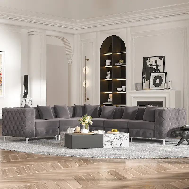 Large L-Shaped Modular Sofa, 6-Seat Velvet Sectional Couch