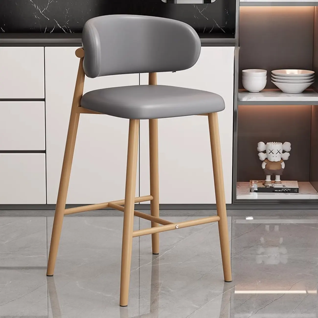 Modern Off-White Leather Curved Back Counter Bar Stools