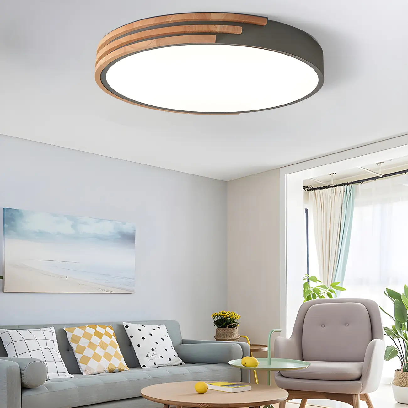 Modern Wood Round Flush Mount White LED Ceiling Light