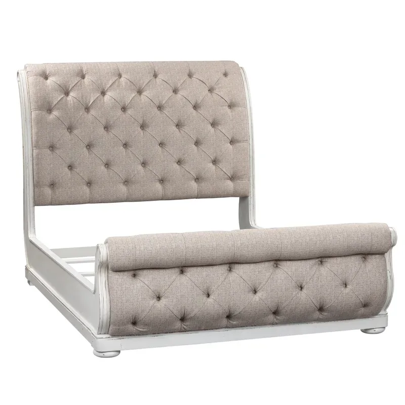 Antique White Tufted Upholstered Sleigh Bed