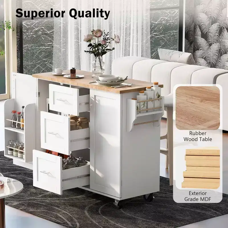 MAYEERTY Black Rolling Kitchen Island with Rubber Wood Top, 3 Drawers 2 Slide-Out Shelves Spice Rack Tower Rack