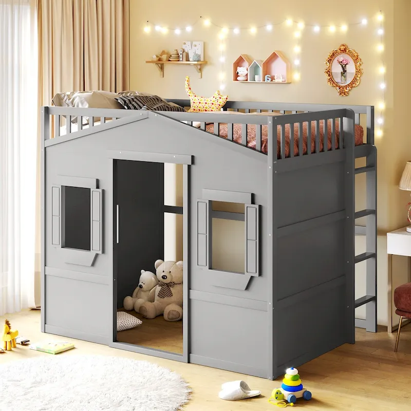 Full Size House Loft Bed, Wood House Bed Frame with Windows, Child Loft Bed with Ladder and Safety Guardrails