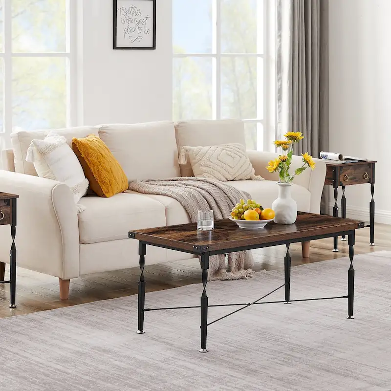 Set of 3 Coffee Table Sets with Coffee Table + 2 End Tables, X-Shaped Design, Rustic Brown