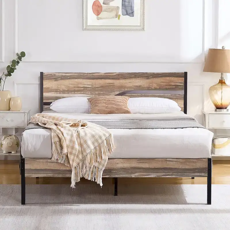 Industrial Metal Bed Frame with Wood Headboard, Twin/Full/Queen Bed Platform Metal Bedframe No Box Spring Needed, Slate