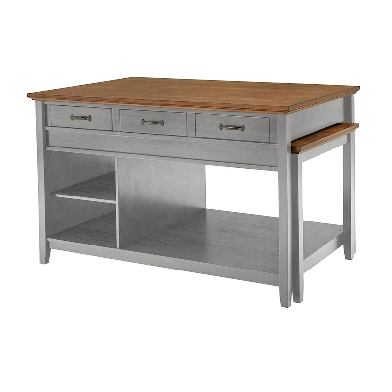 Two-Tone Antique Finish Extendable Kitchen Island with 3 Drawers