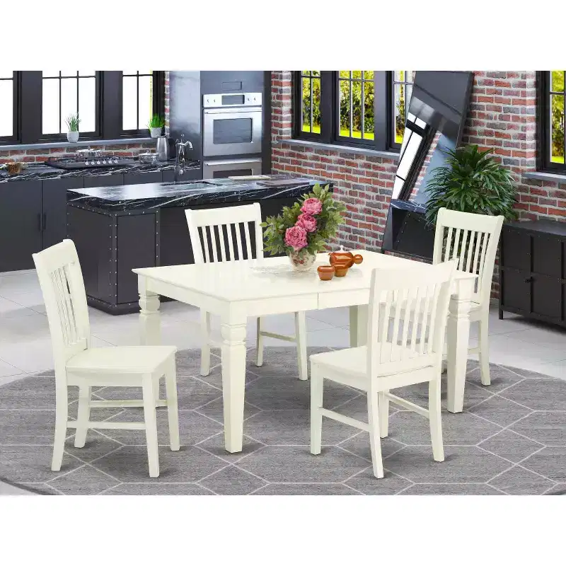 HomeStock 5-Piece Linen White Finish Solid Wood Top Dining table with 4 Chairs