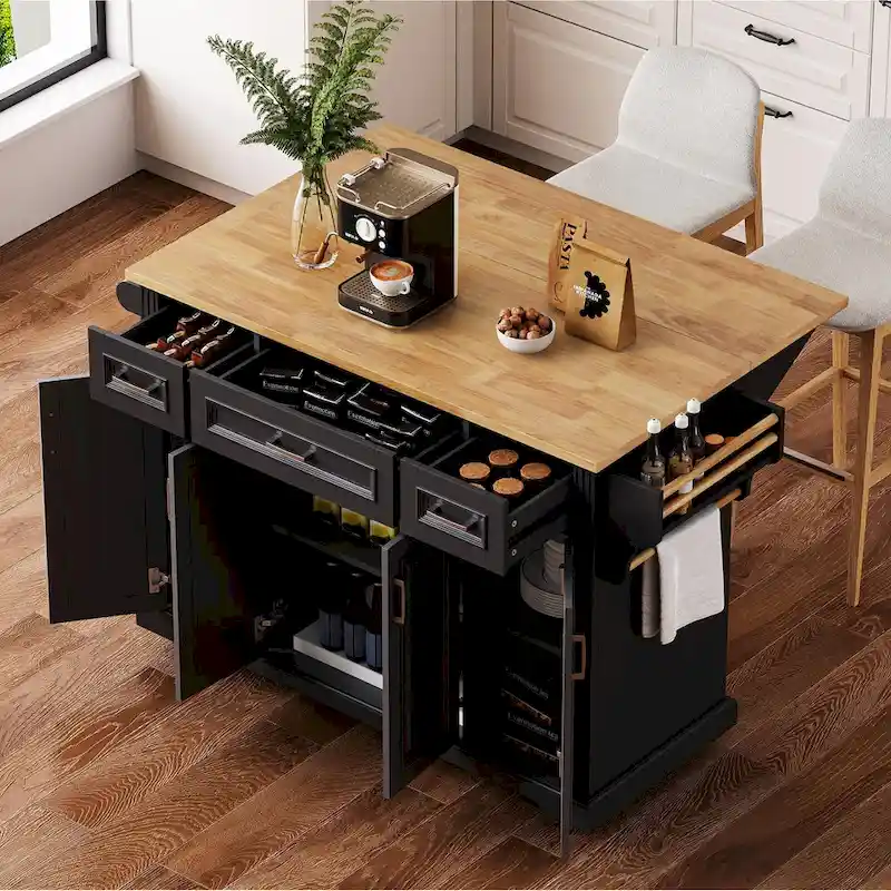 54  Large Kitchen Island with Rubber Wood Drop Leaf, Embossed Texture Rolling Kitchen Cart on 4 Wheels with 4 Doors & 3 Drawers