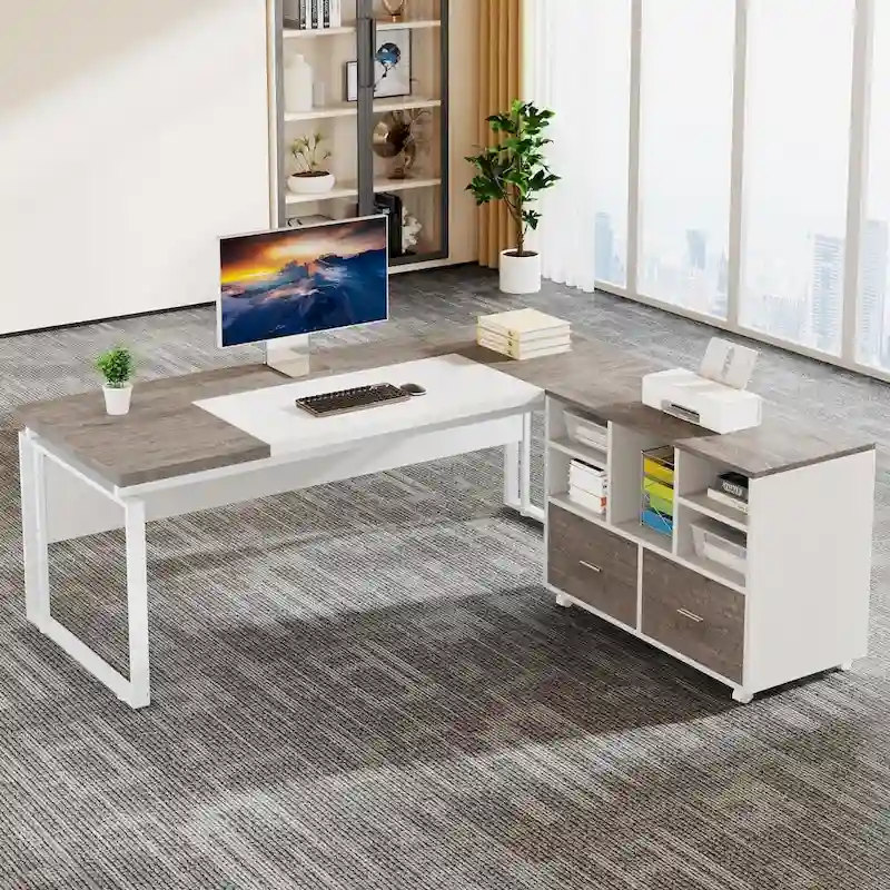 L-Shaped Executive Desk with File Cabinet