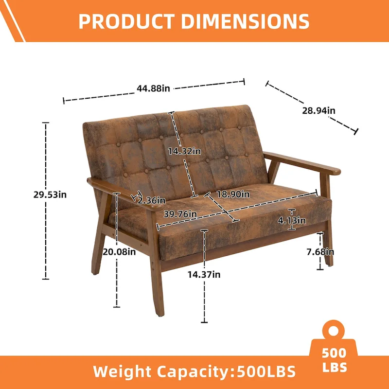 Mid-Century Linen/PU Upholstered Wood Frame Tufted Loveseat Sofa