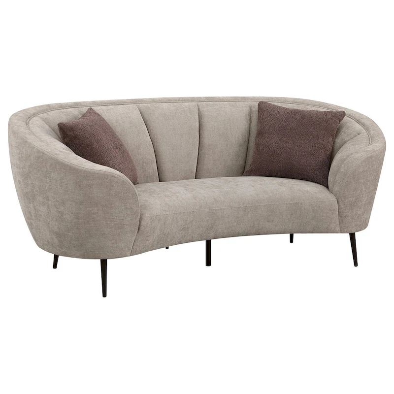 Zui Curved Loveseat, 84 Inch Beige, Round Design, 2 Accent Pillows