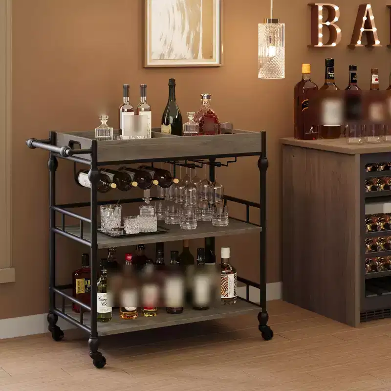3 Tier Rolling Bar Cart with Wine Rack, Mobile Serving Cart with Wheels & Removable Tray, Liquor Beverage Cart,Microwave Drink Cart, Brown