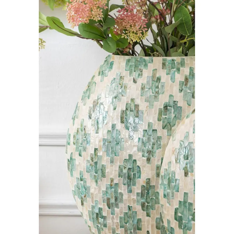 A&B Home Green and Tan Diamond Pattern Capiz Vase