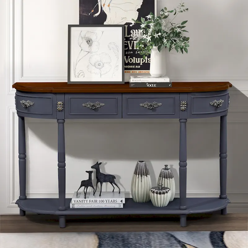 52 inch Circular Half Moon Sofa Table with Open Shelf and 2 Drawers