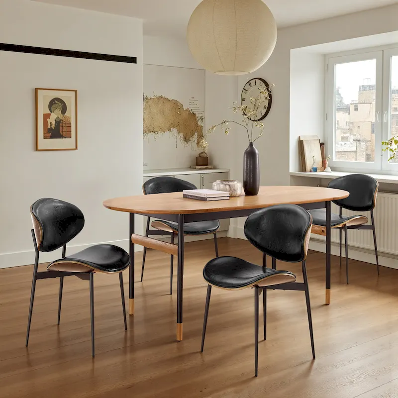 Set of 4 Mid-century Wood and Faux Leather Dining Chairs