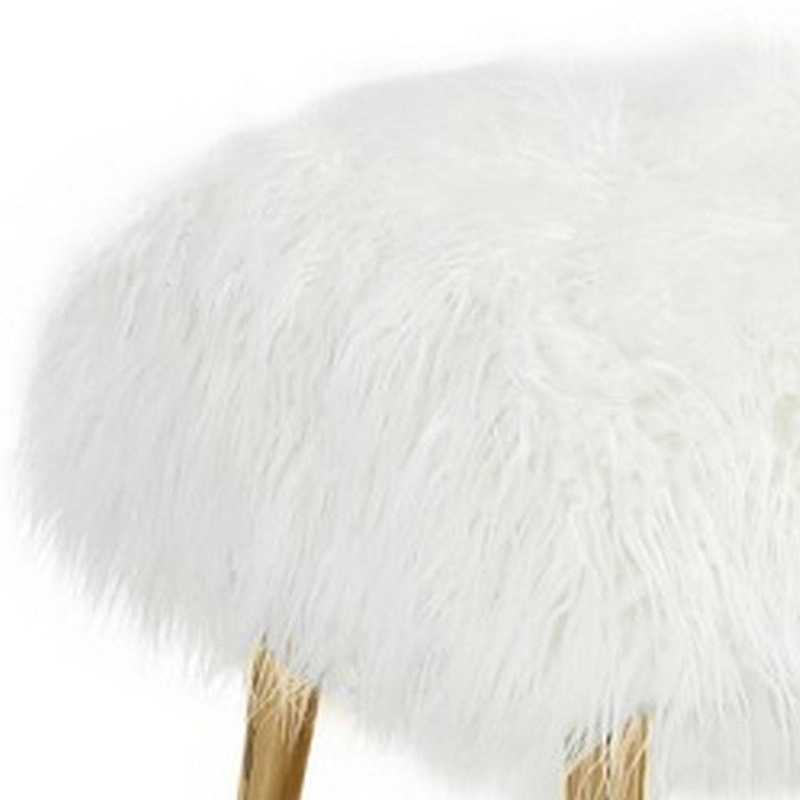Ammy 45 Inch Bench, White Faux Fur Padded Seat, Glam Gold Metal Finish
