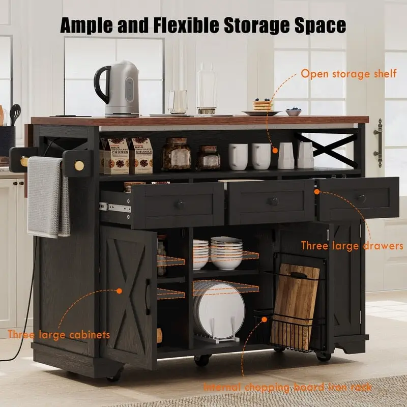 Farmhouse 46.5 Kitchen Island with Power Outlet, Rolling Kitchen Cart on Wheels with Drop Leaf