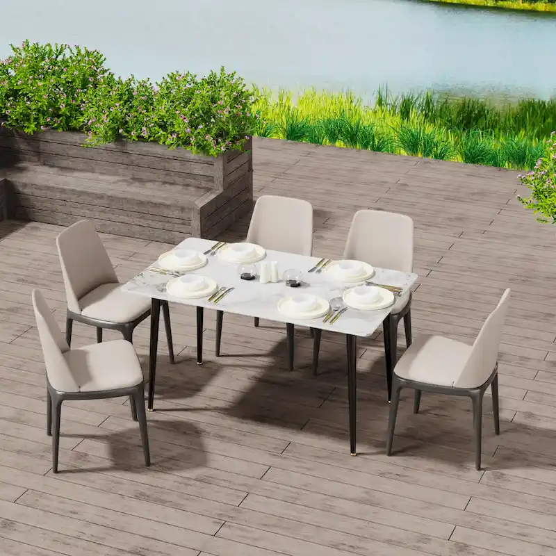 6 Seater Kitchen Dining Table Modern Marble Tabletop Rectangular with Tapered Metal Legs