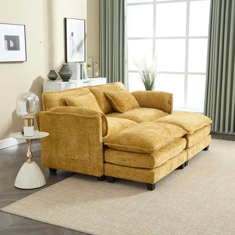 76.77 Chenille Upholstered Sofa with 2 Ottomans