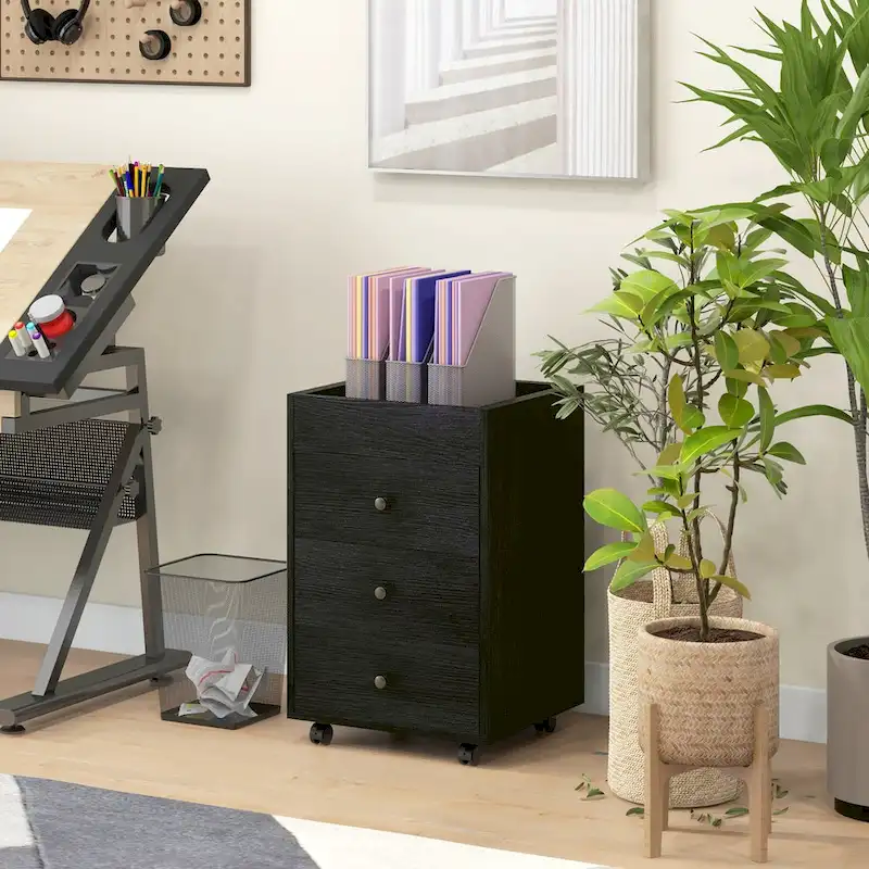 HOMCOM 3 Drawer Home Office Storage Cabinet, Office Drawer on Wheels with Removable Tray, Under Desk Printer Stand with Storage