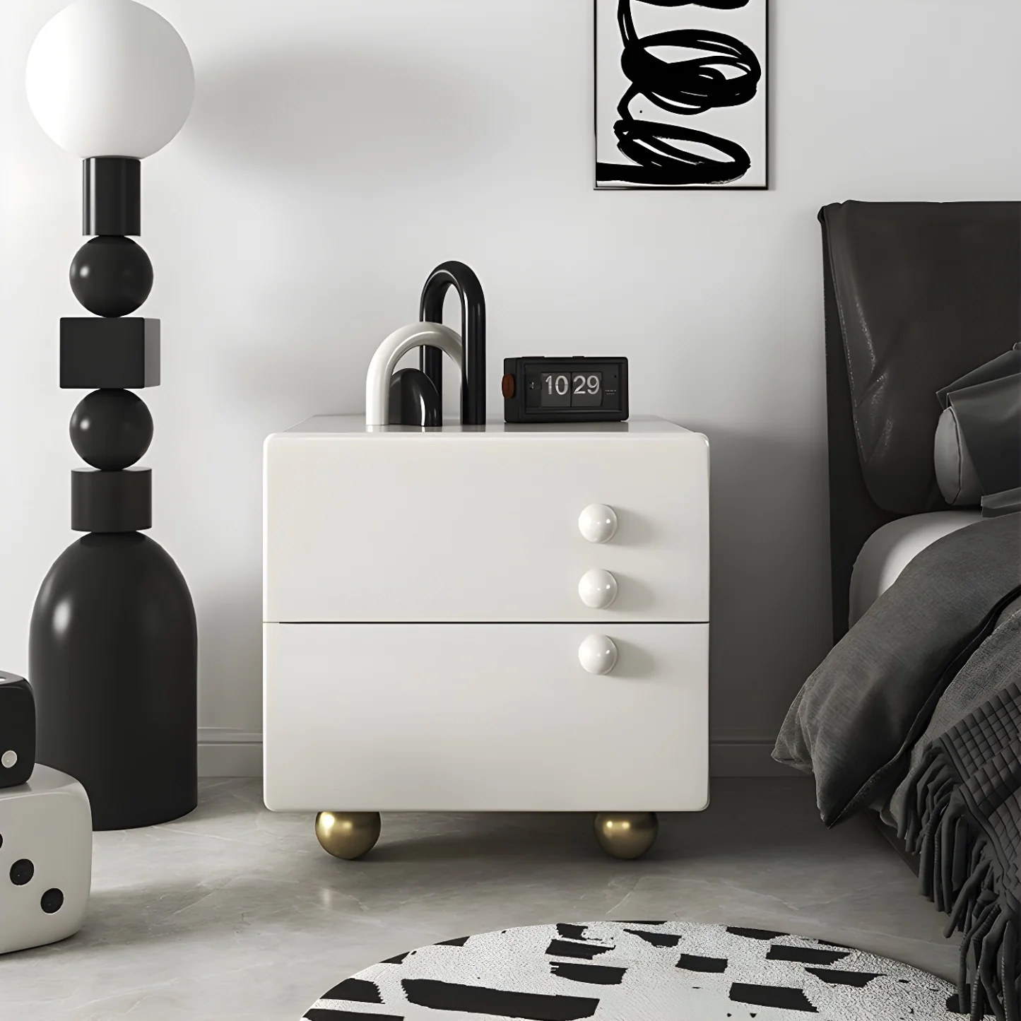 White Wood High-Gloss 2-Drawer Nightstand with Sphere Legs