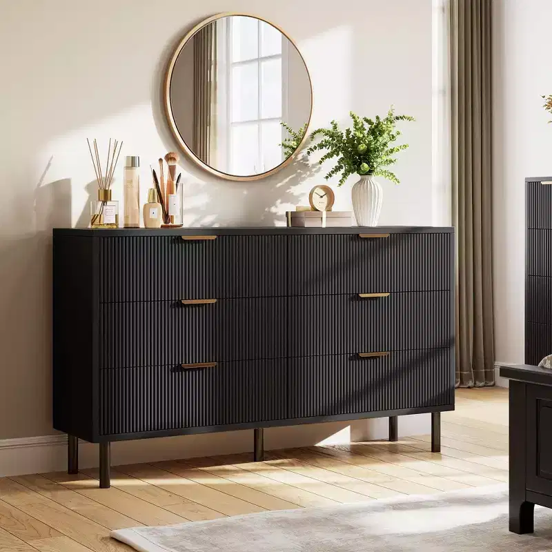 55 6 Drawer Dresser, Wave Fluted Dresser with Anti-Tipping Device, Large Wood Nightstand with Storage and Metal Legs