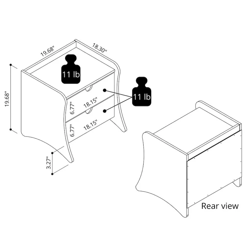 Mid-Century Modern 2-Drawer Nightstand, MDF, Curved Legs, 19.68