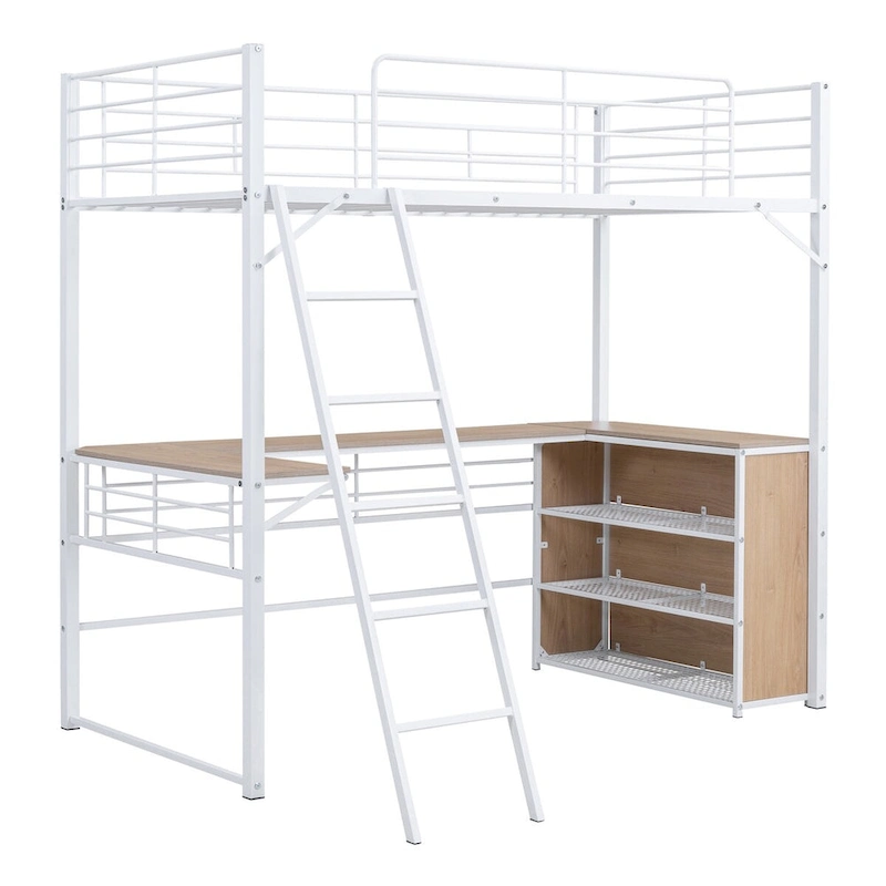 Metal Loft Bed with L-shaped Desk and 3 Layers of Shelves, Reversible Ladder